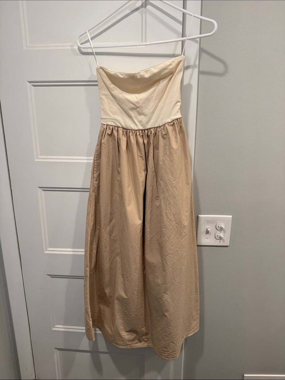 Strapless Bandier Two-Tone Midi Dress in Cream and Tan